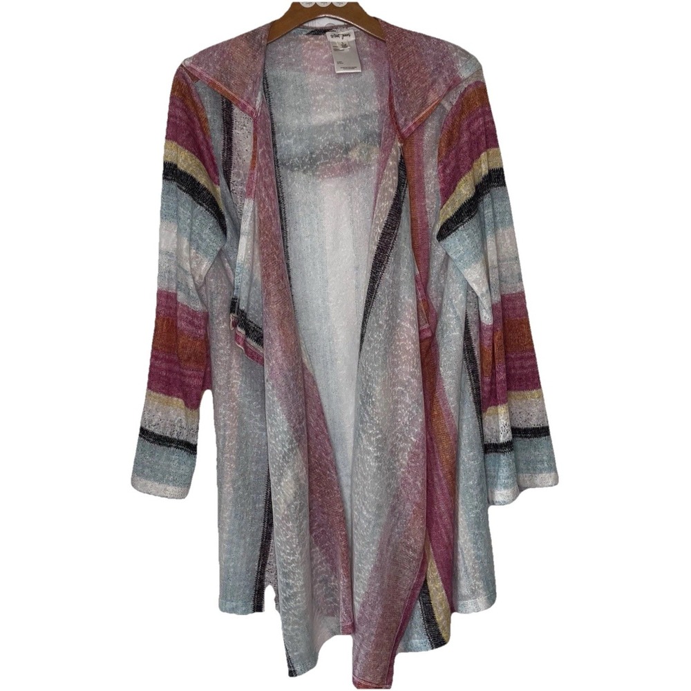 Tribal Jeans Cardigan Duster LG Pinks Blue Black Hood Slub Open Knit Space Dyed